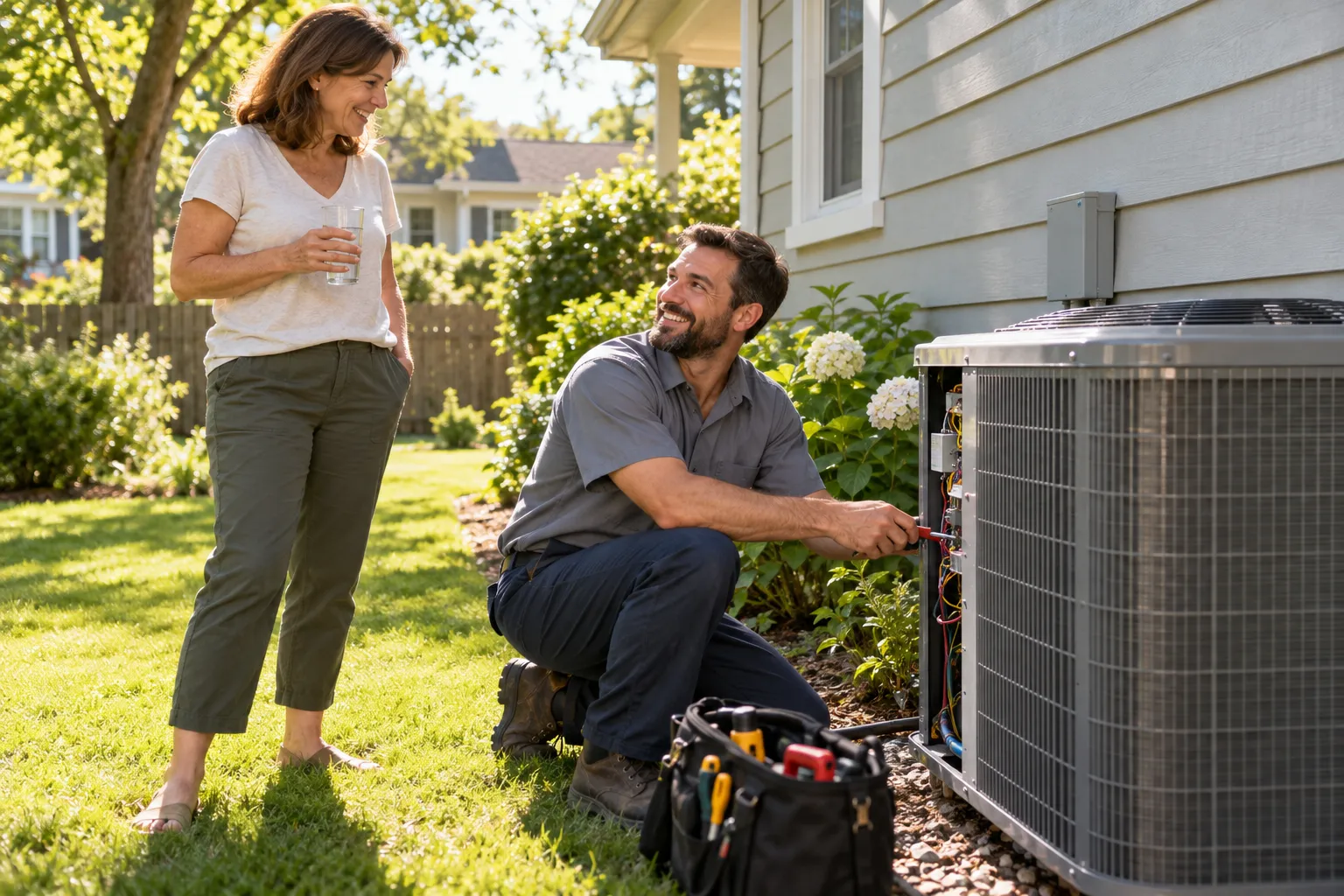 Friendly HVAC provider checking an outdoor air conditioner beside a bungalow home in North Prairie while a homeowner looks on