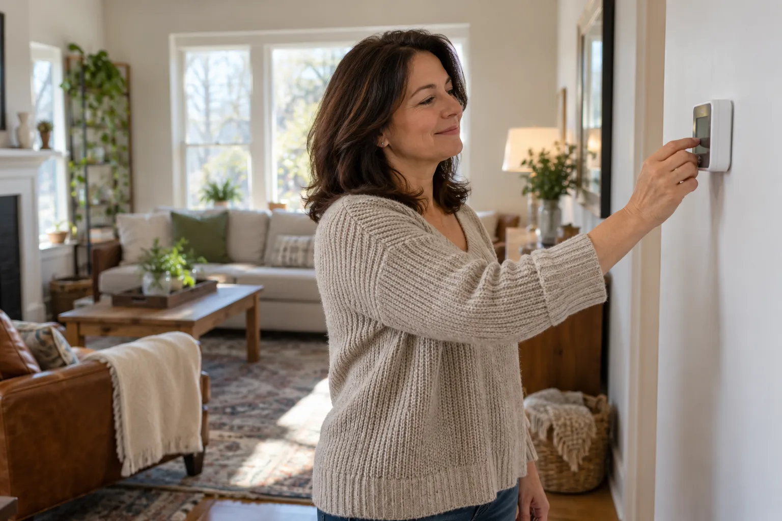 A homeowner checking a thermostat in a cozy living room in the North Prairie area